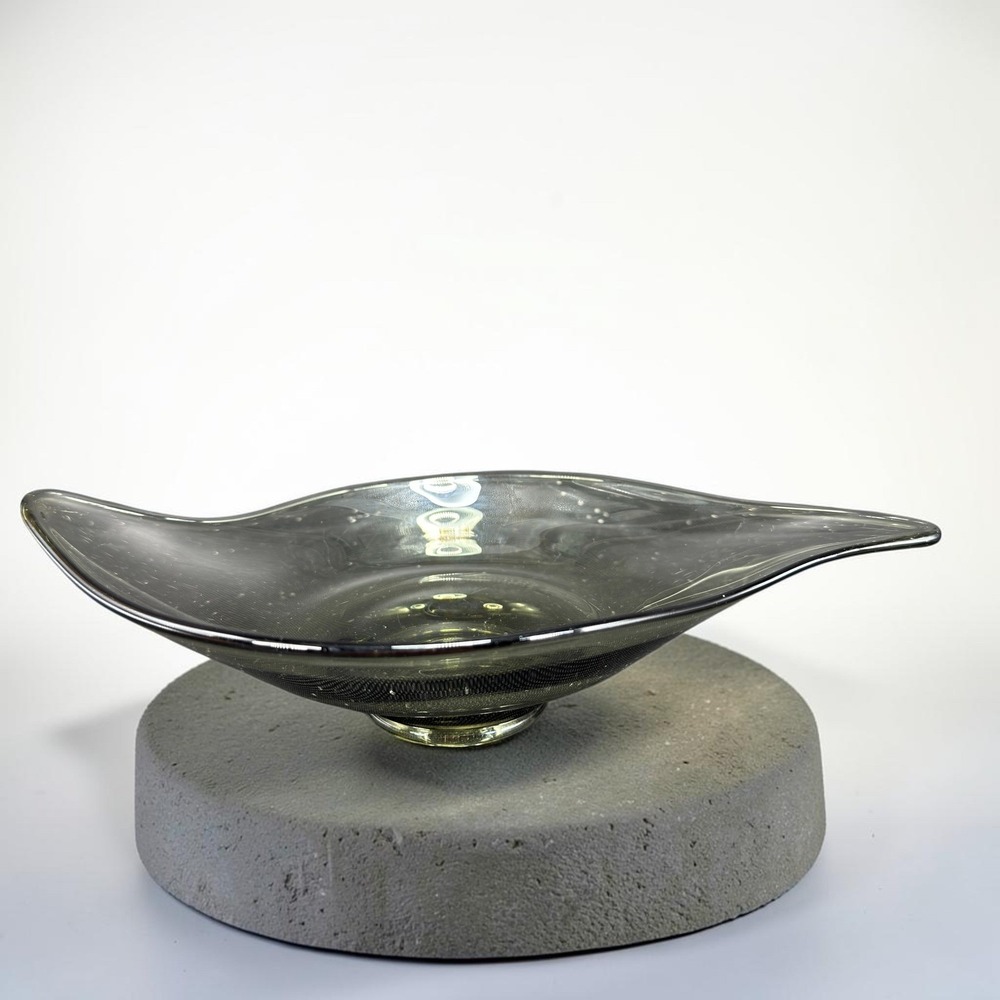 Viking Mid Century Modern Smokey Olive Green Hand Blown Glass Centerpiece Bowl